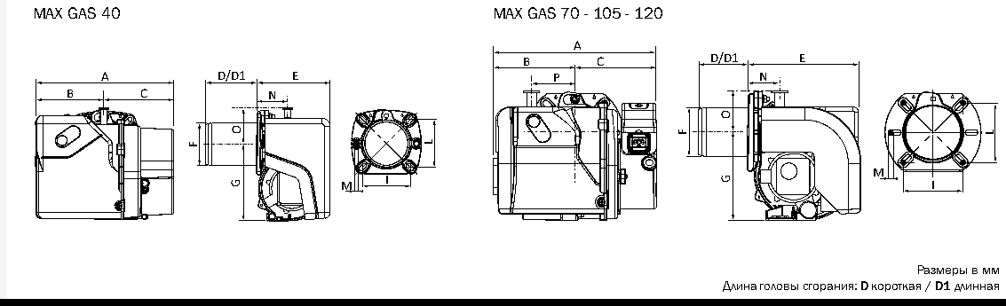 Габаритные размеры горелки ECOFLAM MAX GAS 105