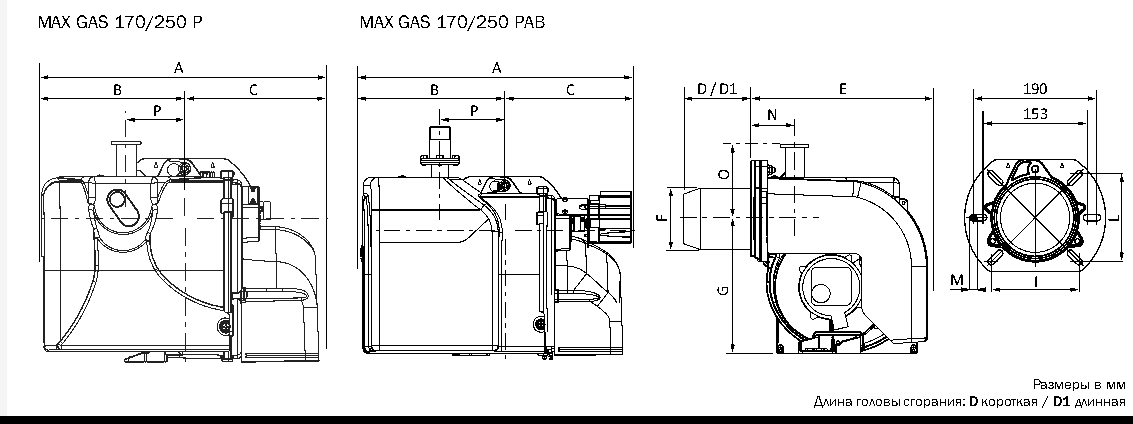 Габаритные размеры горелки ECOFLAM MAX GAS 170