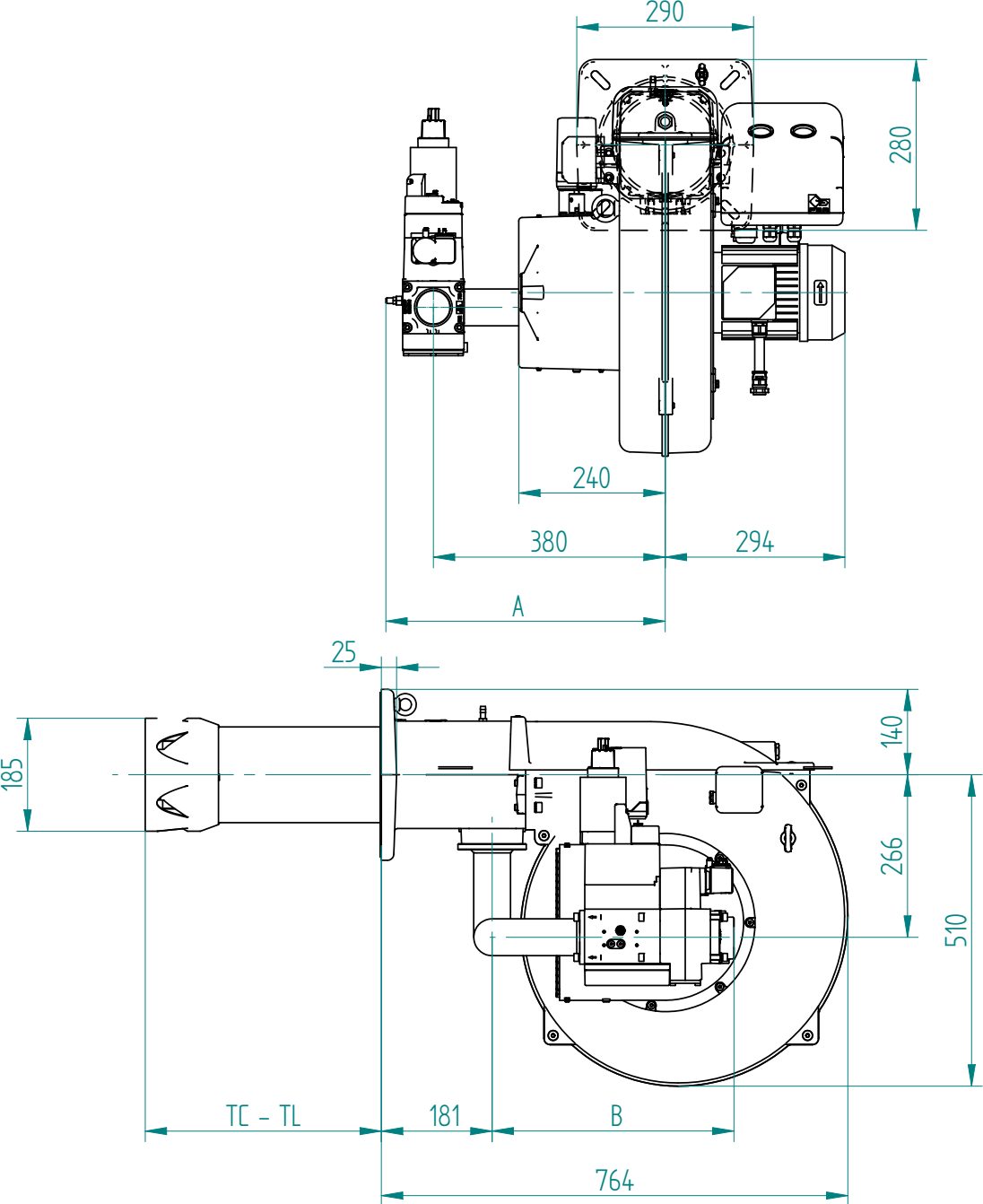Габаритные размеры горелки F.B.R. GAS P100/2 CE LX4 EVO
