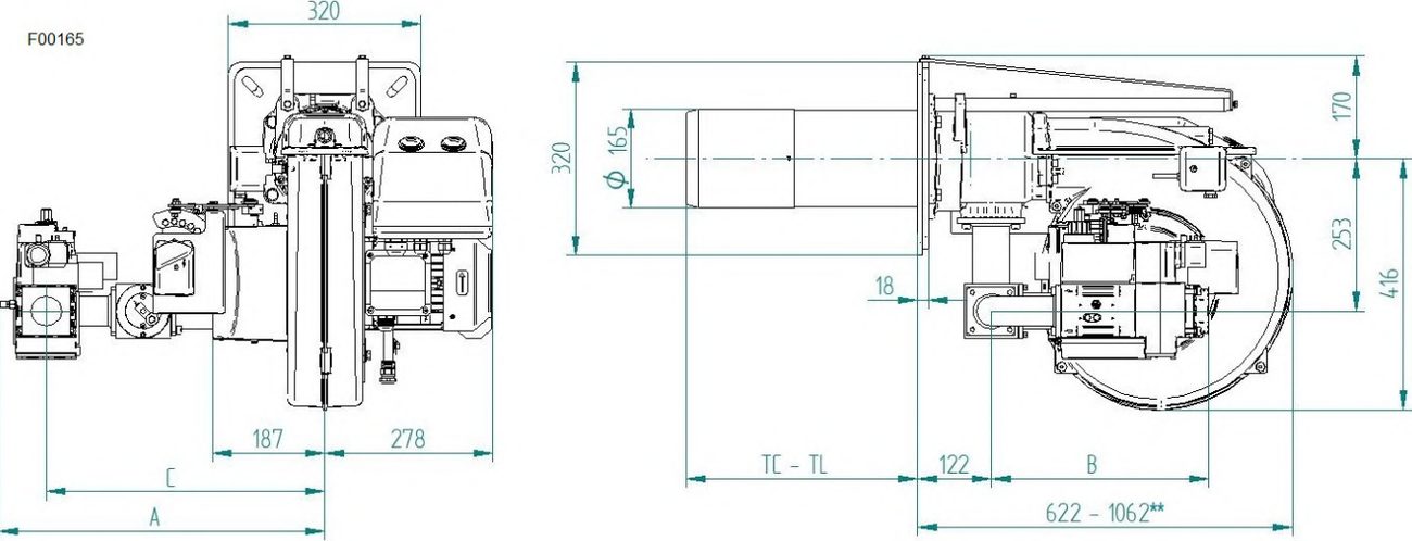 Габаритные размеры горелки F.B.R. GAS XP80/MCE LX4