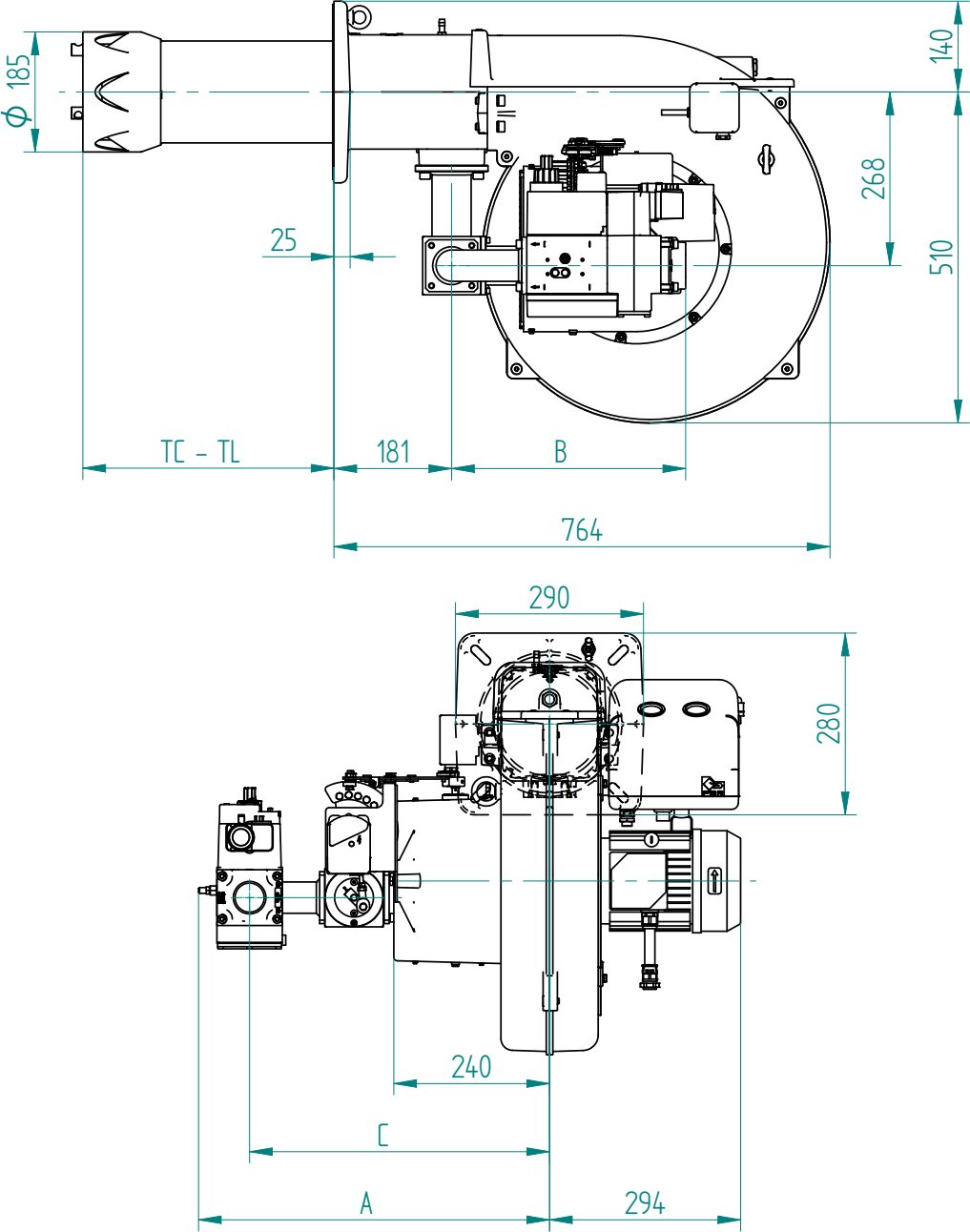 Габаритные размеры горелки F.B.R. GAS P100/MCE LX4 EVO