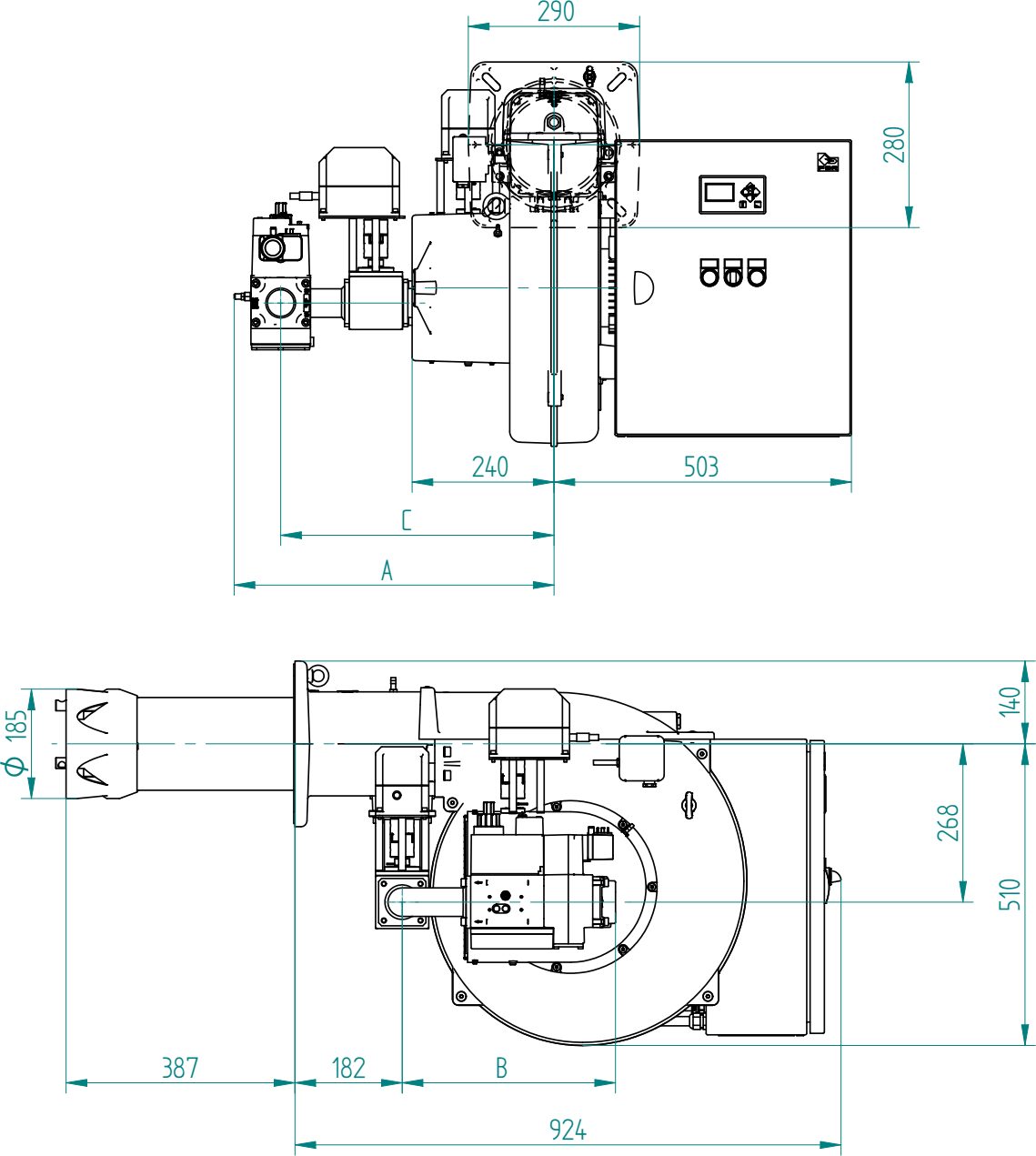Габаритные размеры горелки F.B.R. GAS P100/MCE LX4 EL EVO