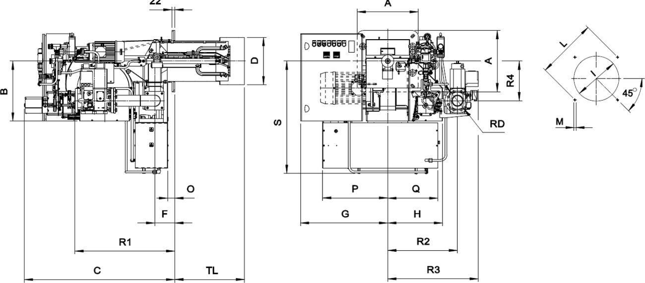 Габаритные размеры горелки F.B.R. KN 190/M