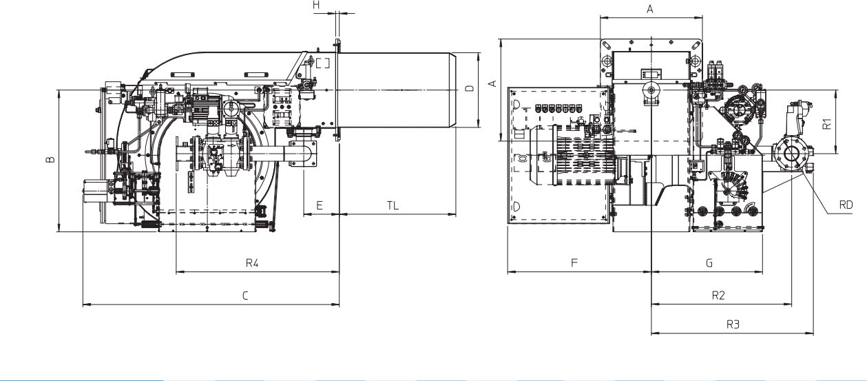 Габаритные размеры горелки F.B.R. K 1800/M-MEC