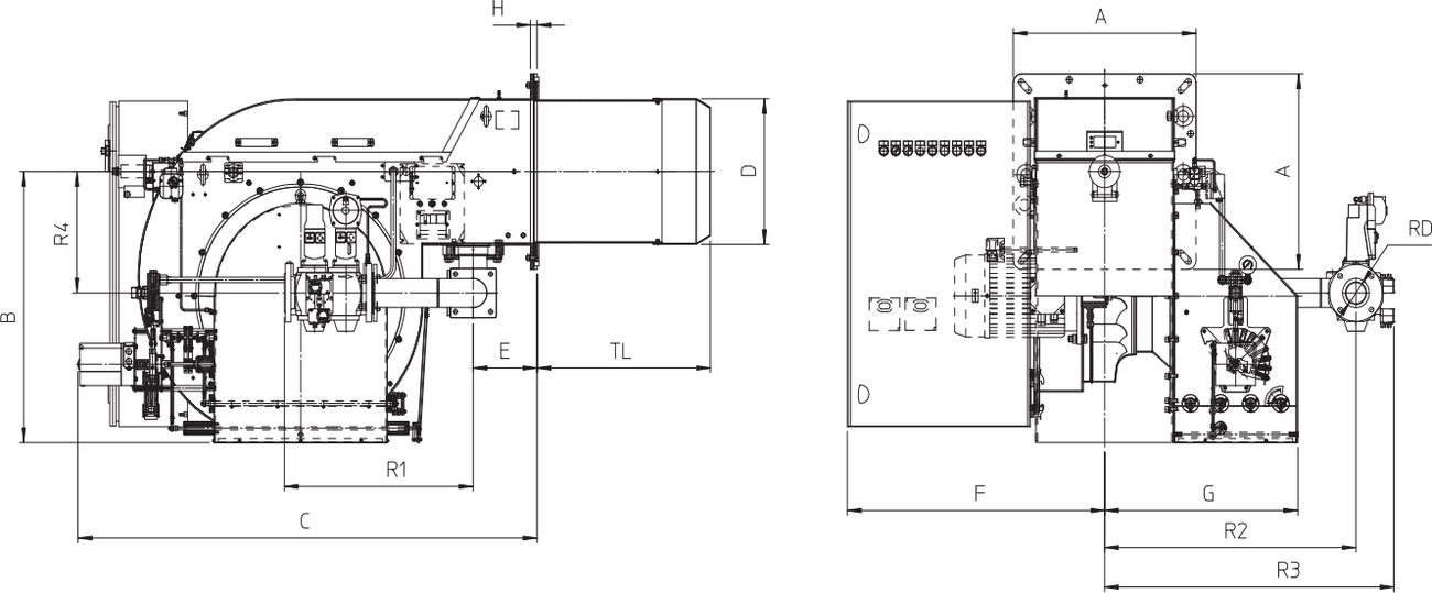 Габаритные размеры горелки F.B.R. KN 1000/M