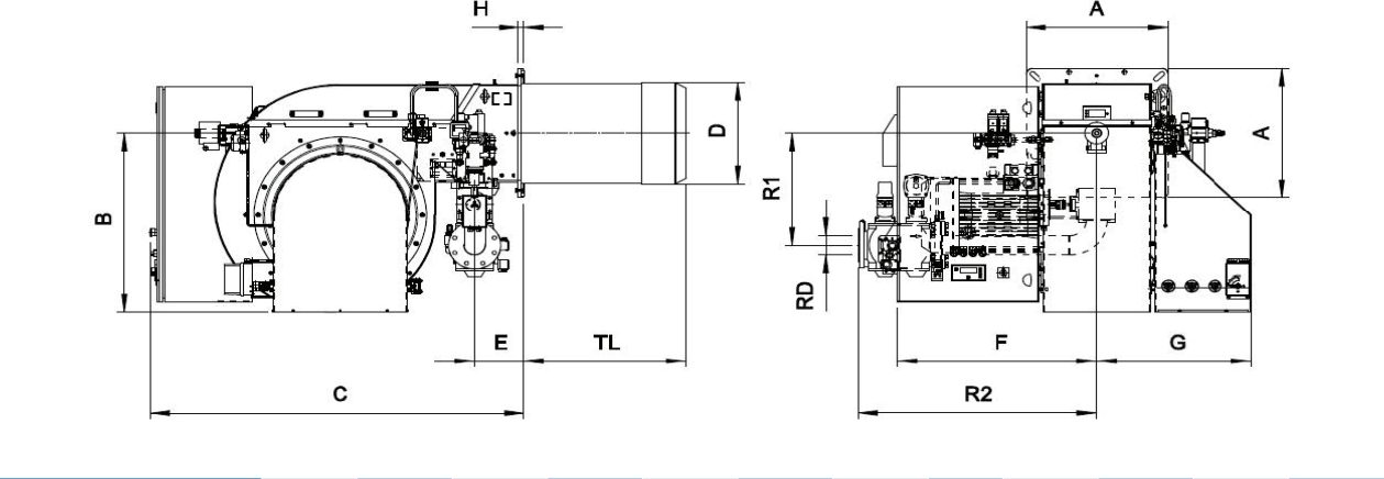 Габаритные размеры горелки F.B.R. KN 1800/M-EL