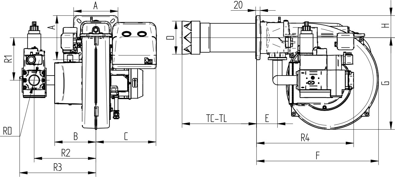 Габаритные размеры горелки F.B.R. GAS XP60/2 CE-LX EVO