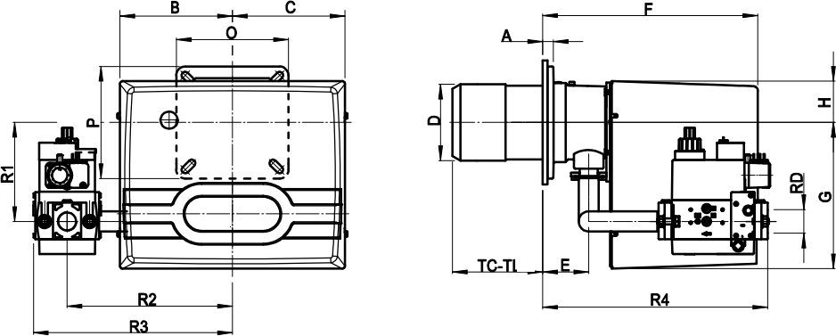Габаритные размеры горелки F.B.R. GAS X3 CE-LX