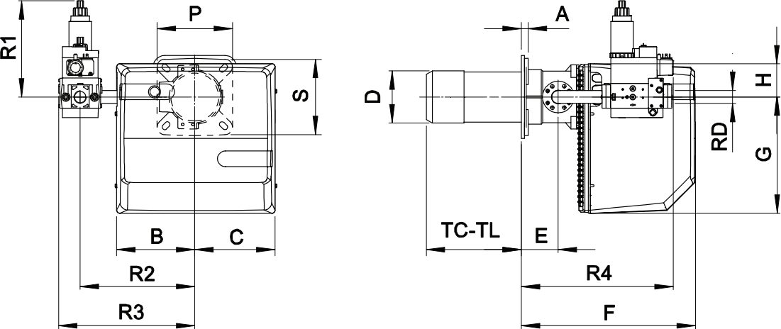Габаритные размеры горелки F.B.R. GAS X5/2 CE-LX4