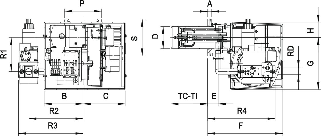 Габаритные размеры горелки F.B.R. GAS X3/2 CE-LX
