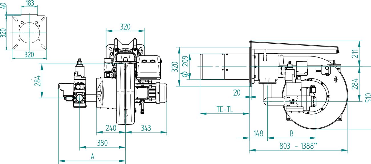 Габаритные размеры горелки F.B.R. GAS P130/2 CE LX4 EVO