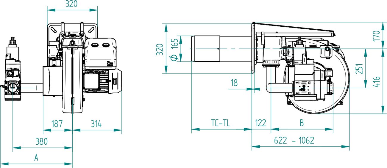 Габаритные размеры горелки F.B.R. GAS XP80/2 CE LX4