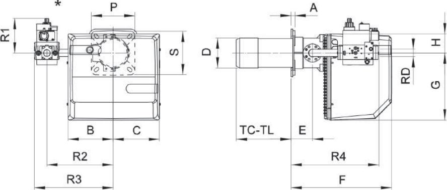 Габаритные размеры горелки F.B.R. GAS X5 CE-LX4