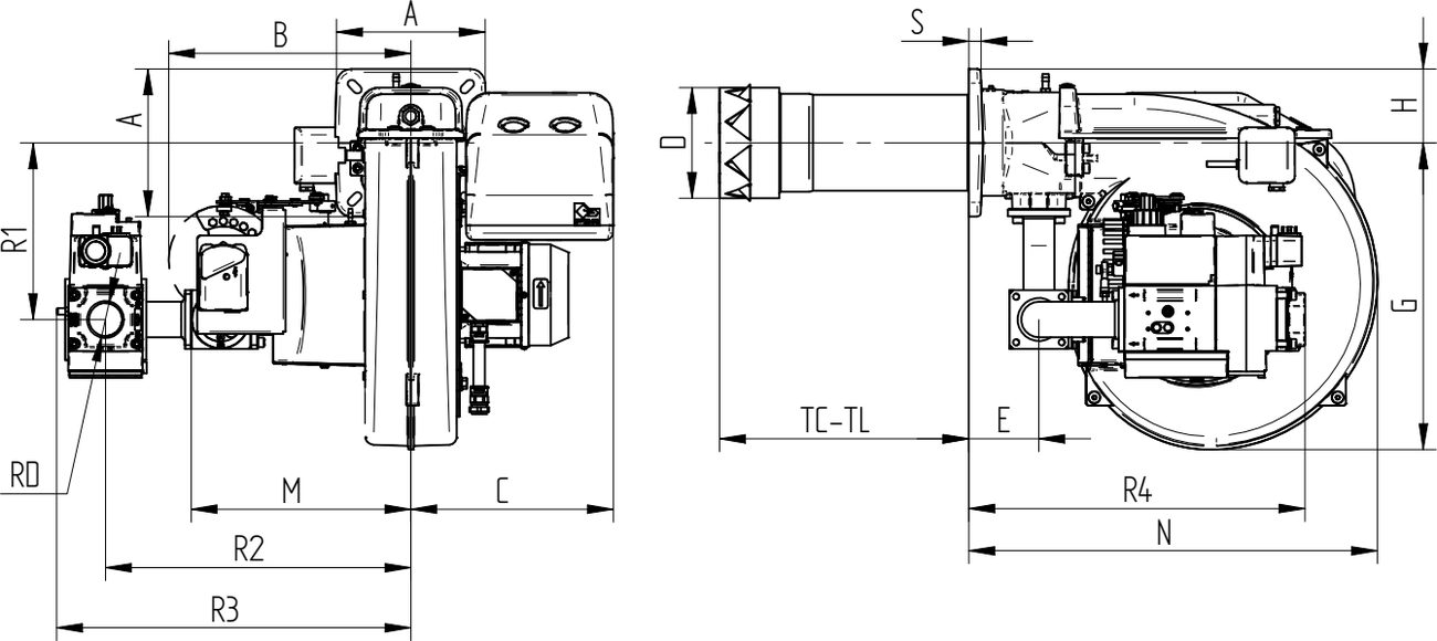 Габаритные размеры горелки F.B.R. GAS XP60/MCE-LX-EVO