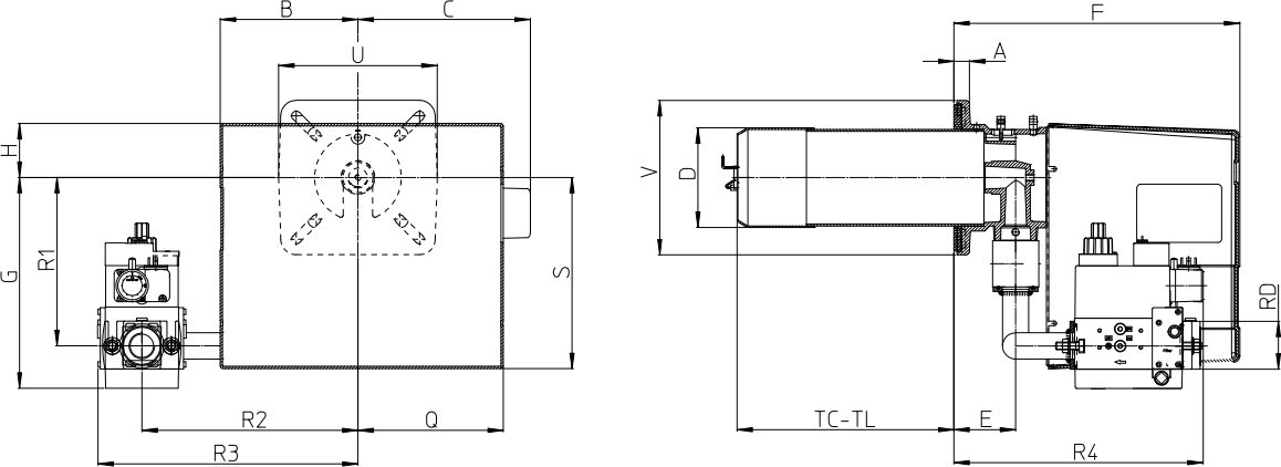 Габаритные размеры горелки F.B.R. GAS X3/M CE-LX