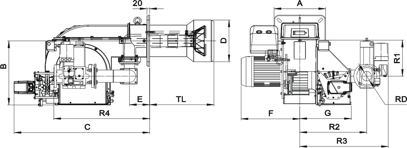 Габаритные размеры горелки F.B.R. GAS P190/M CE-LX