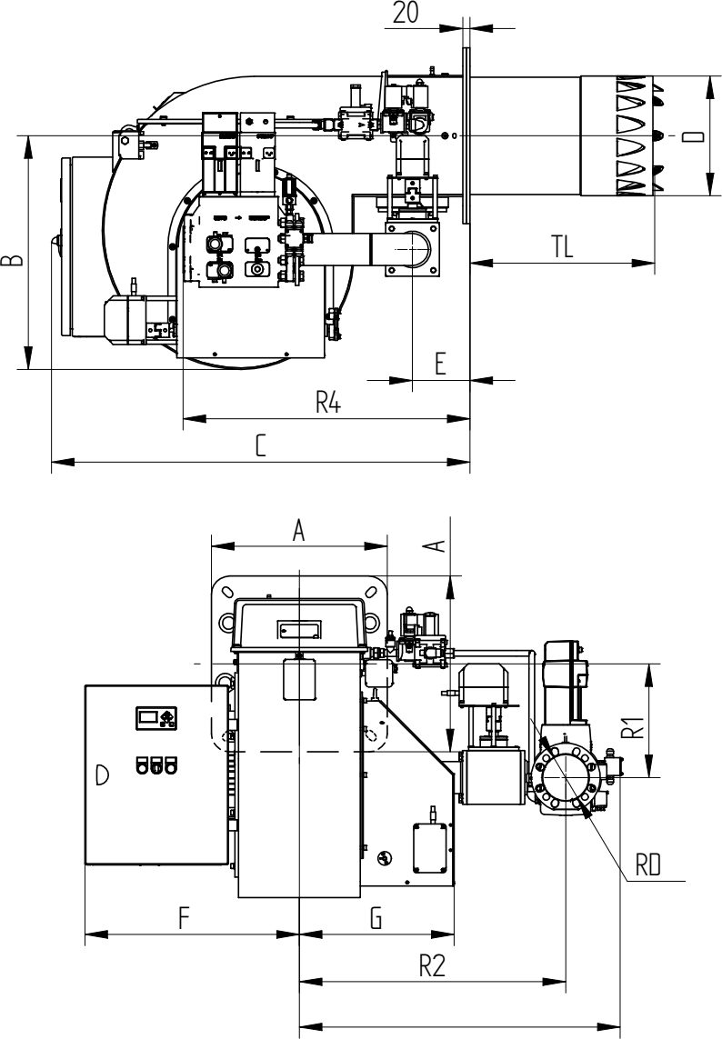 Габаритные размеры горелки F.B.R. GAS P350/MCE-LX-EL EVO