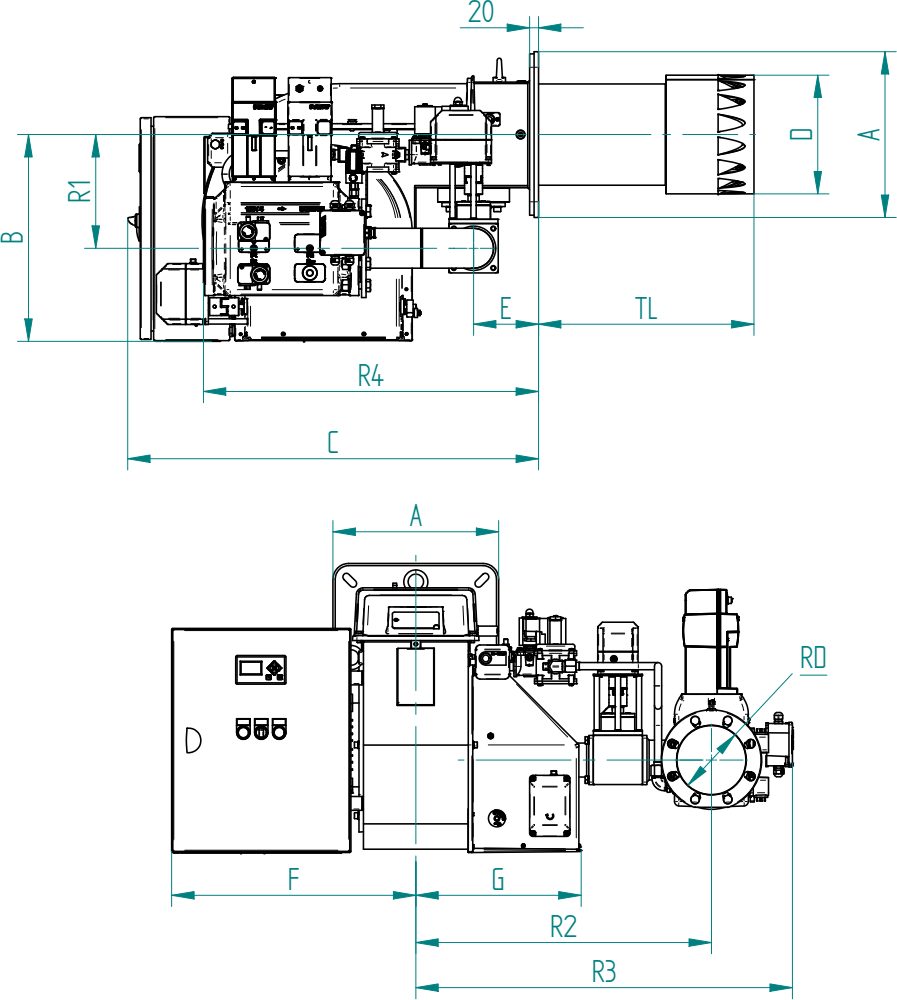 Габаритные размеры горелки F.B.R. GAS P190/MCE-LX-EL