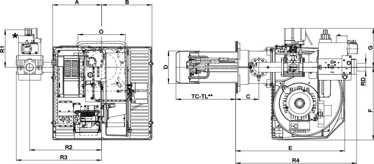 Габаритные размеры горелки F.B.R. GAS X5/MCE-LX4-EL