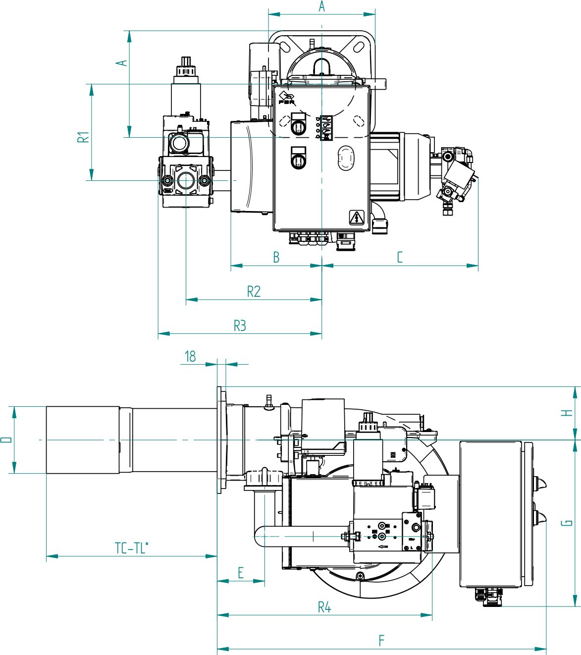 Габаритные размеры горелки F.B.R. K 3/2