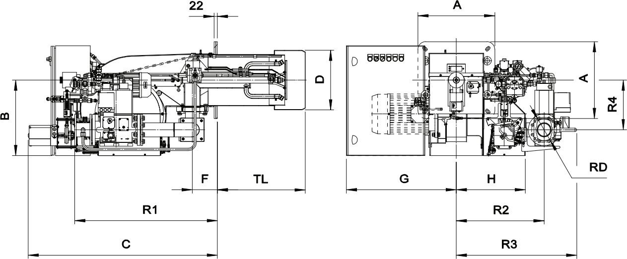 Габаритные размеры горелки F.B.R. K 450/M