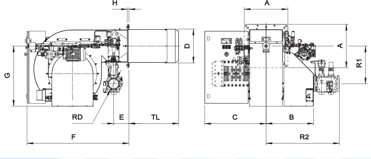 Габаритные размеры горелки F.B.R. K 1000/M-EL