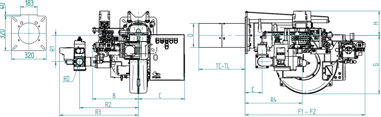 Габаритные размеры горелки F.B.R. K X7/M