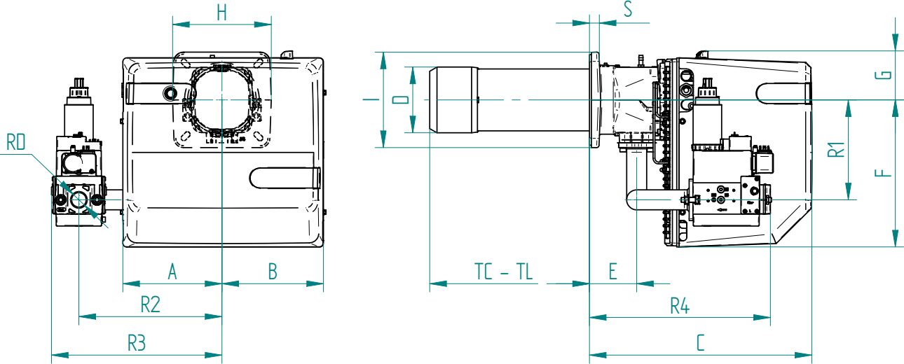 Габаритные размеры горелки F.B.R. GM X5/2