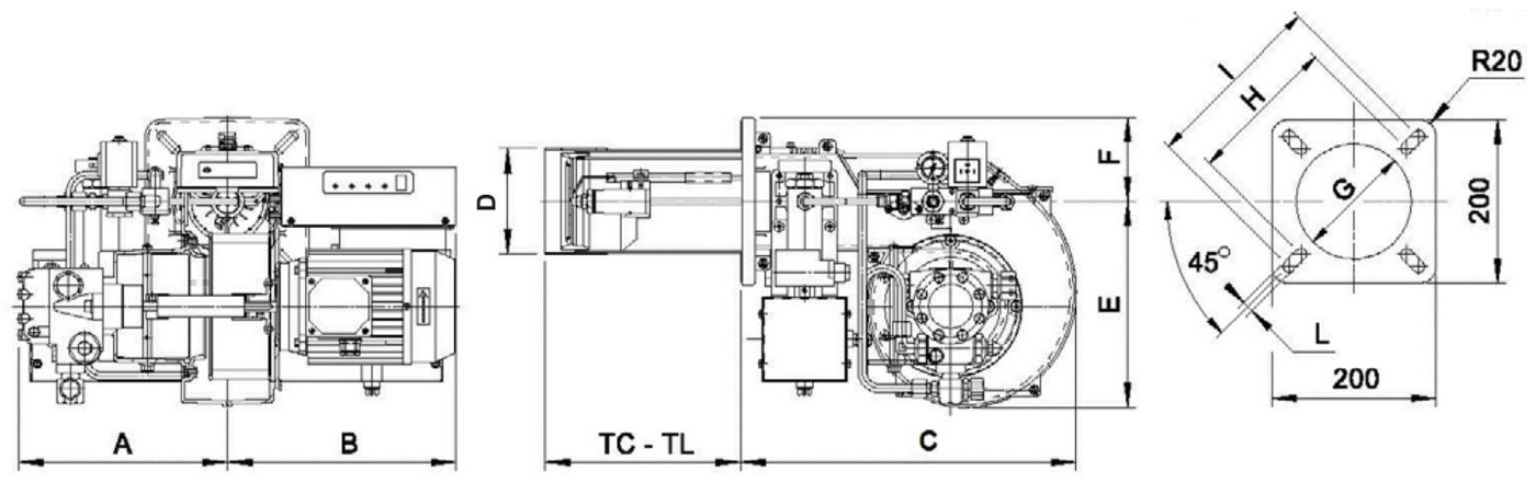 Габаритные размеры горелки F.B.R. FNDL 16