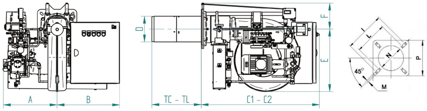 Габаритные размеры горелки F.B.R. FNDP 70/M