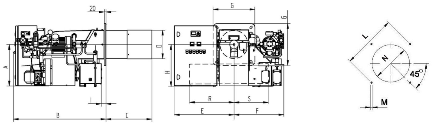 Габаритные размеры горелки F.B.R. FNDP 190/M EL