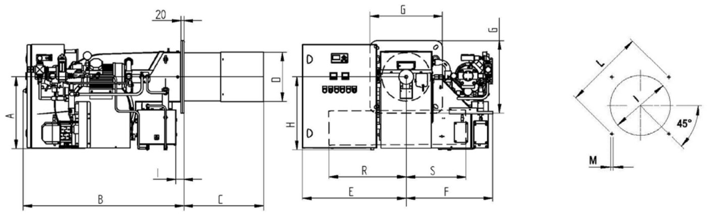 Габаритные размеры горелки F.B.R. FNDP 550/M EL