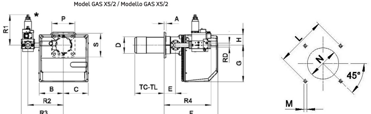 Габаритные размеры горелки F.B.R. GAS X1/2