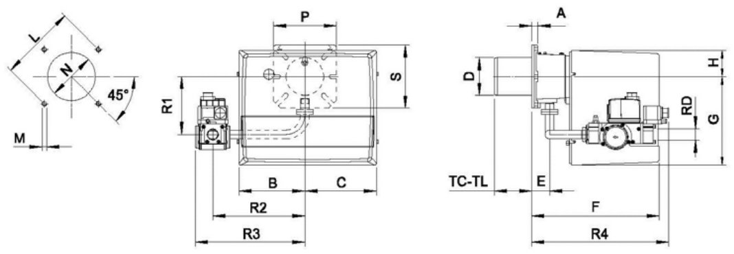 Габаритные размеры горелки F.B.R. GAS X2 F