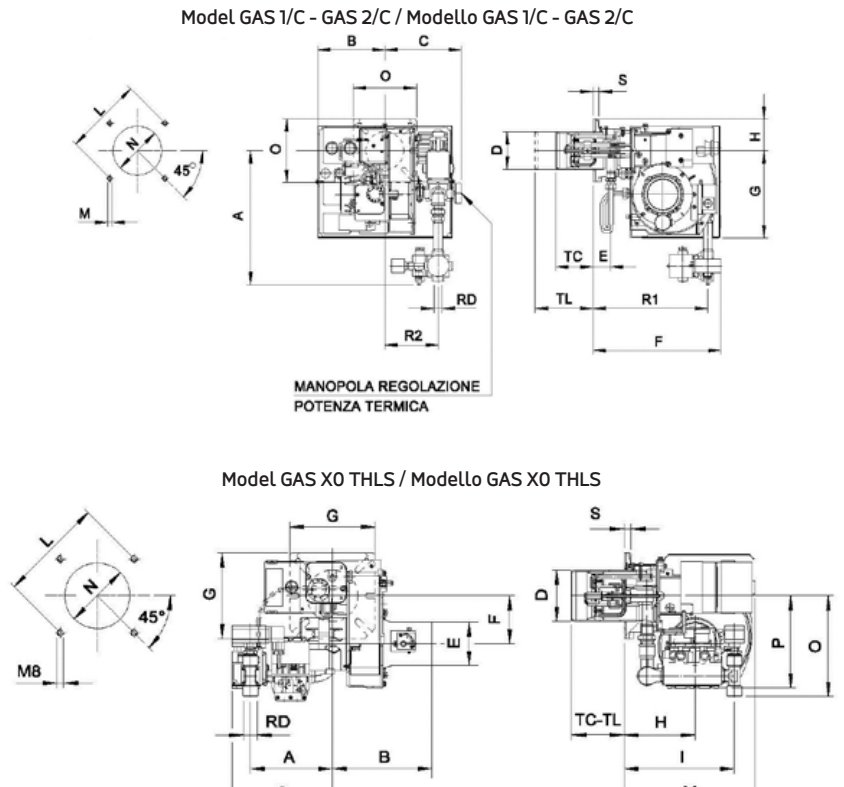 Габаритные размеры горелки F.B.R. GAS 2/C