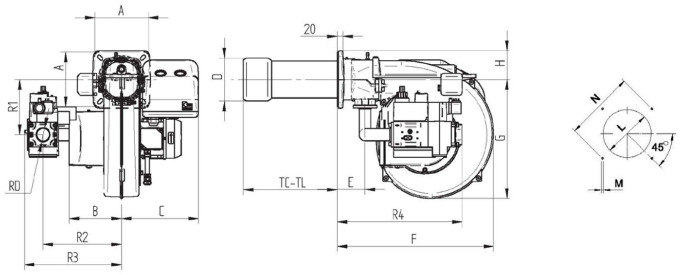 Габаритные размеры горелки F.B.R. GAS XP60 EVO