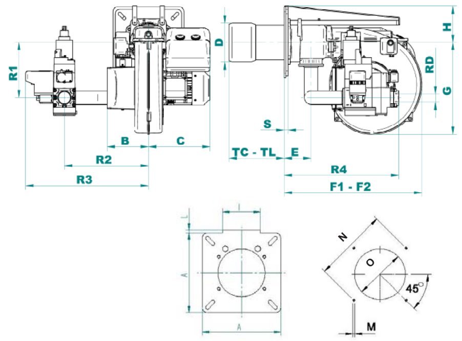 Габаритные размеры горелки F.B.R. GAS P160/M