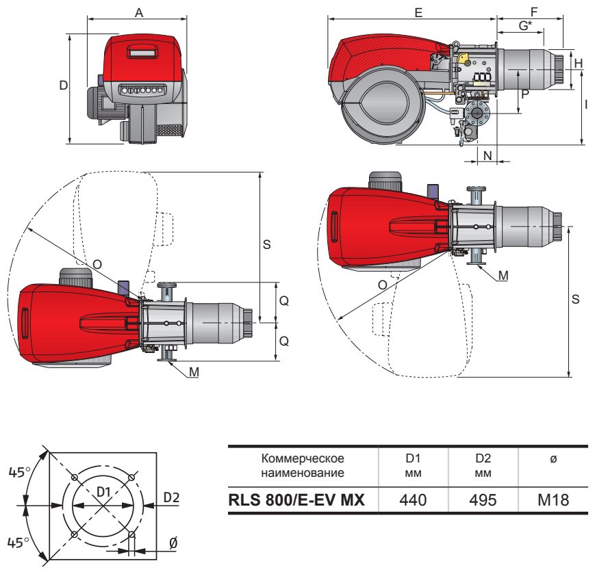 Габаритные размеры горелки RIELLO RLS 800/E-EV MX